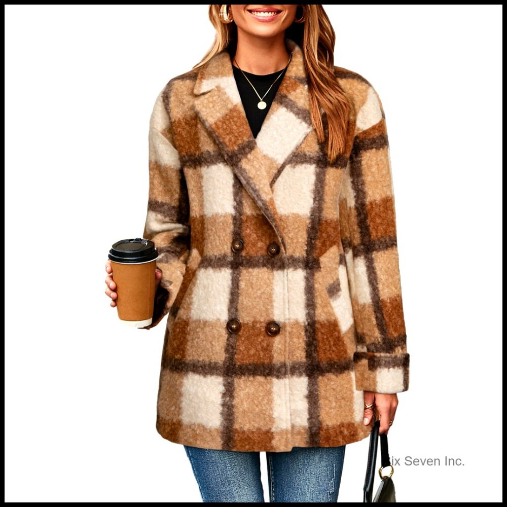 Polyester Lapel Collar Pea Coat with Button Closure and Pockets